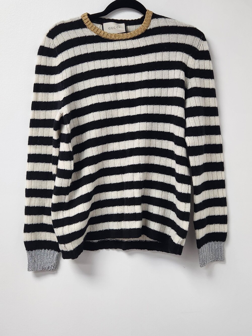 Gucci Black & White Striped Crewneck Sweater with Metallic Trim Size XXL